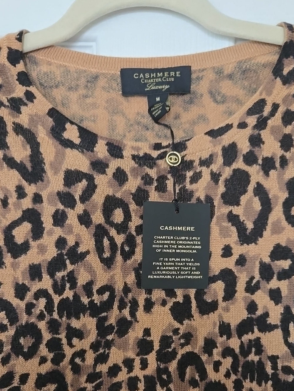 NWT Charter Club Cashmere Brown and Black Leopard-Print Lightweight Sweater Top - Picture 3 of 6